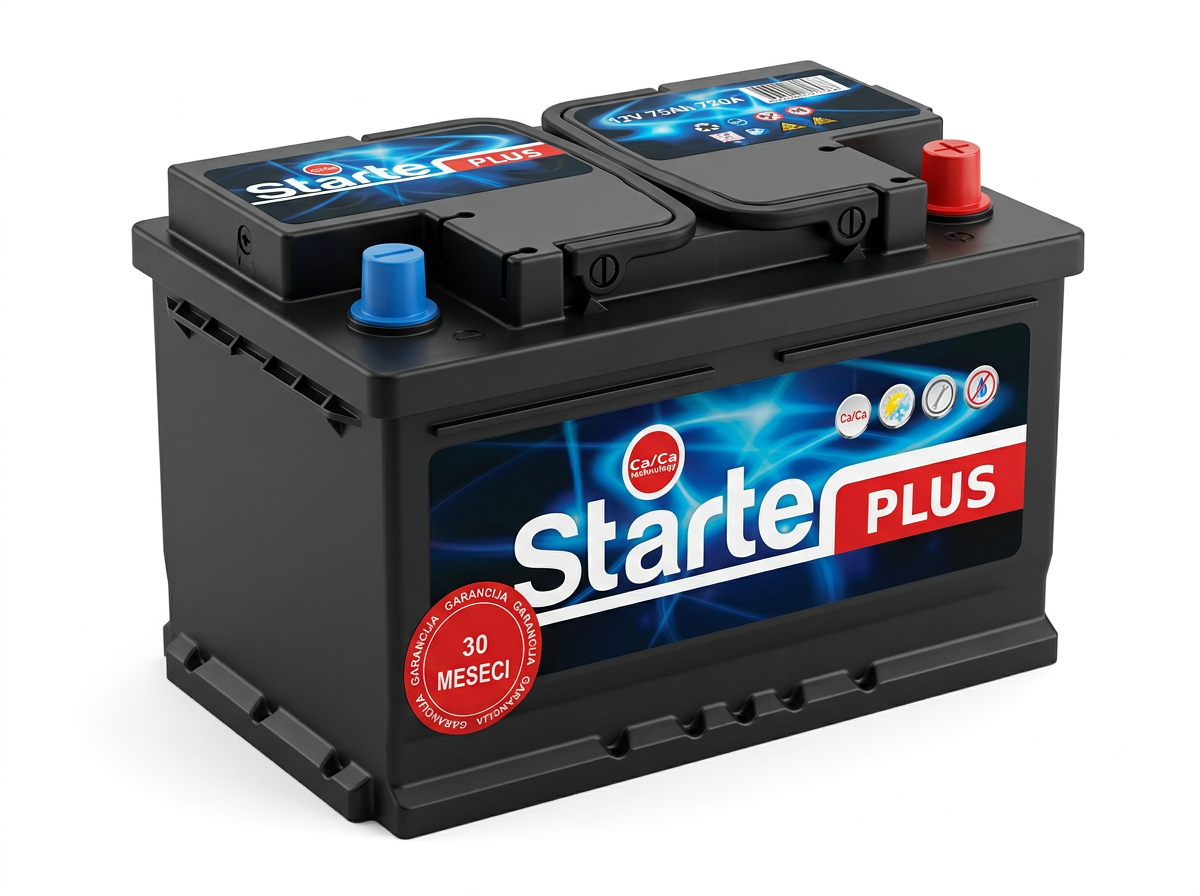 Akumulator Starter Plus 12V 75Ah 720A Desni plus Nisko kućište Starter Plus 12V 75Ah 720A D+ klasični akumulator. Nisko LB3 kućište (276x175x175) sa Ca-Ca tehnologijom.