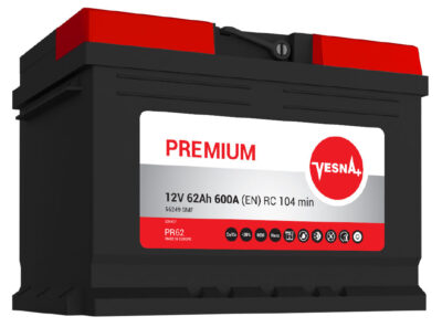 VESNA Premium PR62 12V 62Ah 600A D+ SMF akumulator. Viša klasa sa Magic Eye indikatorom, originalnih dimenzija (visina 175mm) za Opel, Ford i Renault vozila.