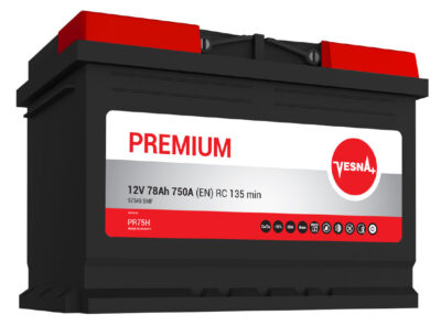 VESNA Premium PR75H 12V 78Ah 750A D+ SMF akumulator. Viša klasa sa Magic Eye indikatorom, standardno kućište 190mm za novije modele VW, Seat, Škoda, BMW i Audi bez Start&Stop sistema.