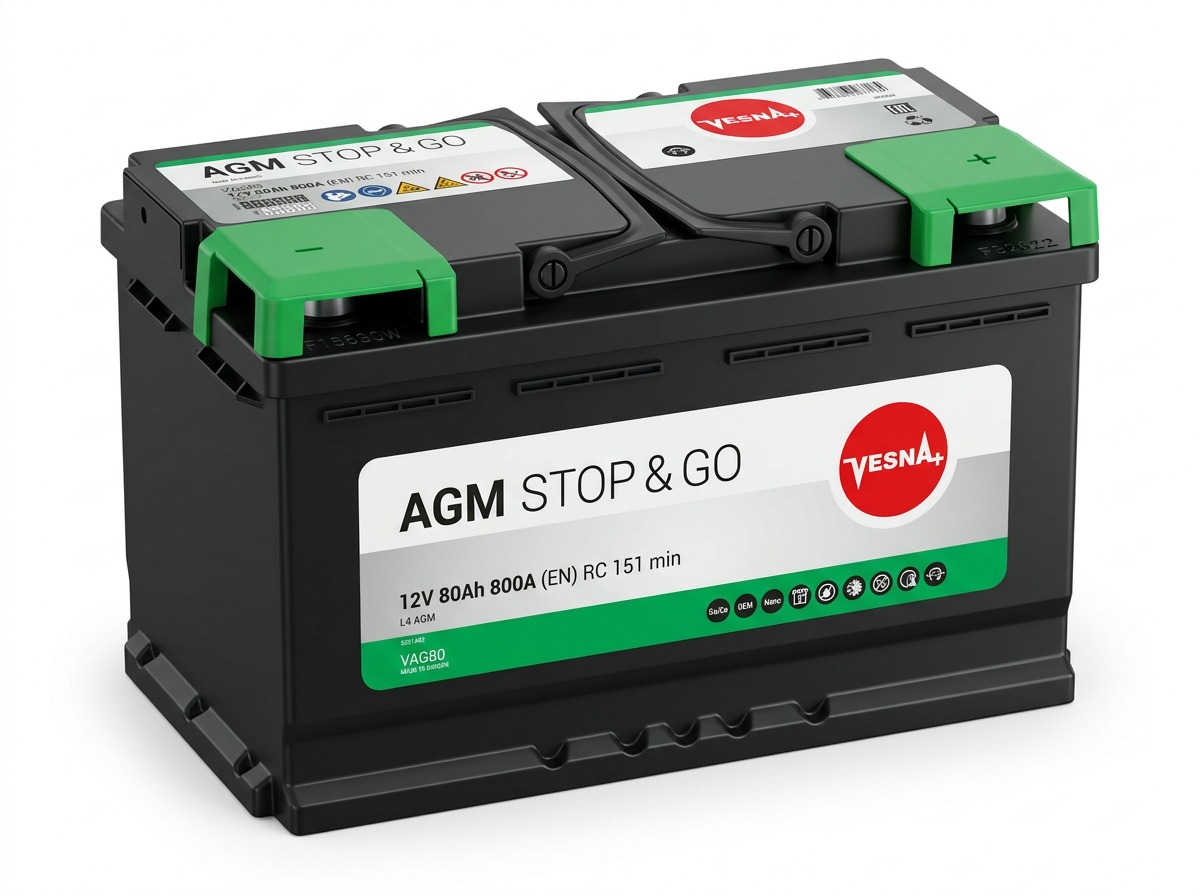 Akumulator VESNA AGM 12V 80Ah 800A Desni plus VAG80 VESNA AGM VAG80 12V 80Ah 800A D+ akumulator. VRLA tehnologija za luksuzna vozila, SUV modele i snažne dizel motore. Standardno L4 kućište (315mm).