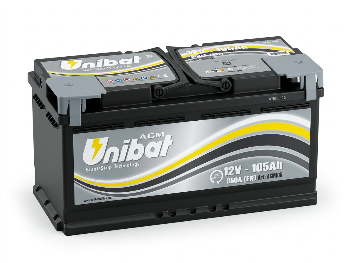 Akumulator Unibat AGM 12V 105Ah 950A Desni plus AGM105 Unibat AGM105 12V 105Ah 950A D+ akumulator. Masivno evropsko L6 kućište (394x175x190) sa AGM Start-Stop tehnologijom.