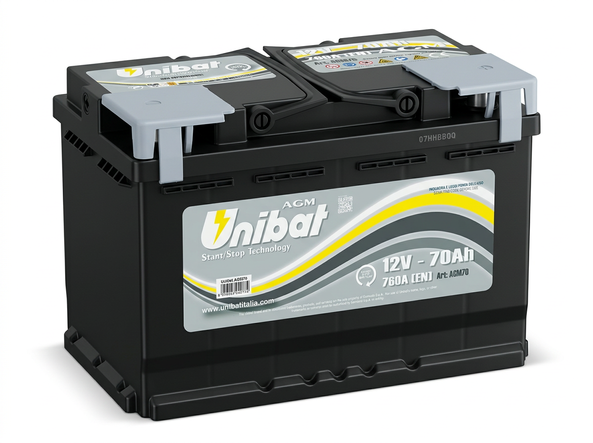 Akumulator Unibat AGM 12V 70Ah 760A Desni plus AGM70 Unibat AGM70 12V 70Ah 760A D+ akumulator. Premium evropsko L3 kućište (278x175x190) sa AGM Start-Stop tehnologijom.