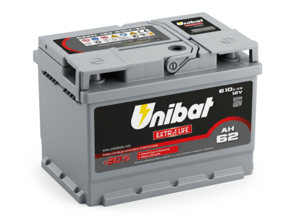 Unibat Extra Life 56560 12V 62Ah 610A D+ premium akumulator sa magičnim okom. Nisko evropsko L2B kućište (242x175x175) za vozila sa jačim motorima.