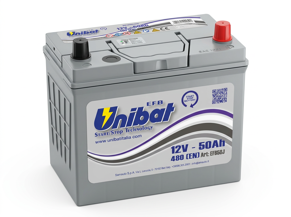 Akumulator Unibat EFB 12V 50Ah 480A Desni plus Azijsko kućište EFB50J Unibat EFB50J 12V 50Ah 480A D+ akumulator. Usko azijsko JIS B24 kućište (236x128x222) sa EFB Start-Stop tehnologijom.