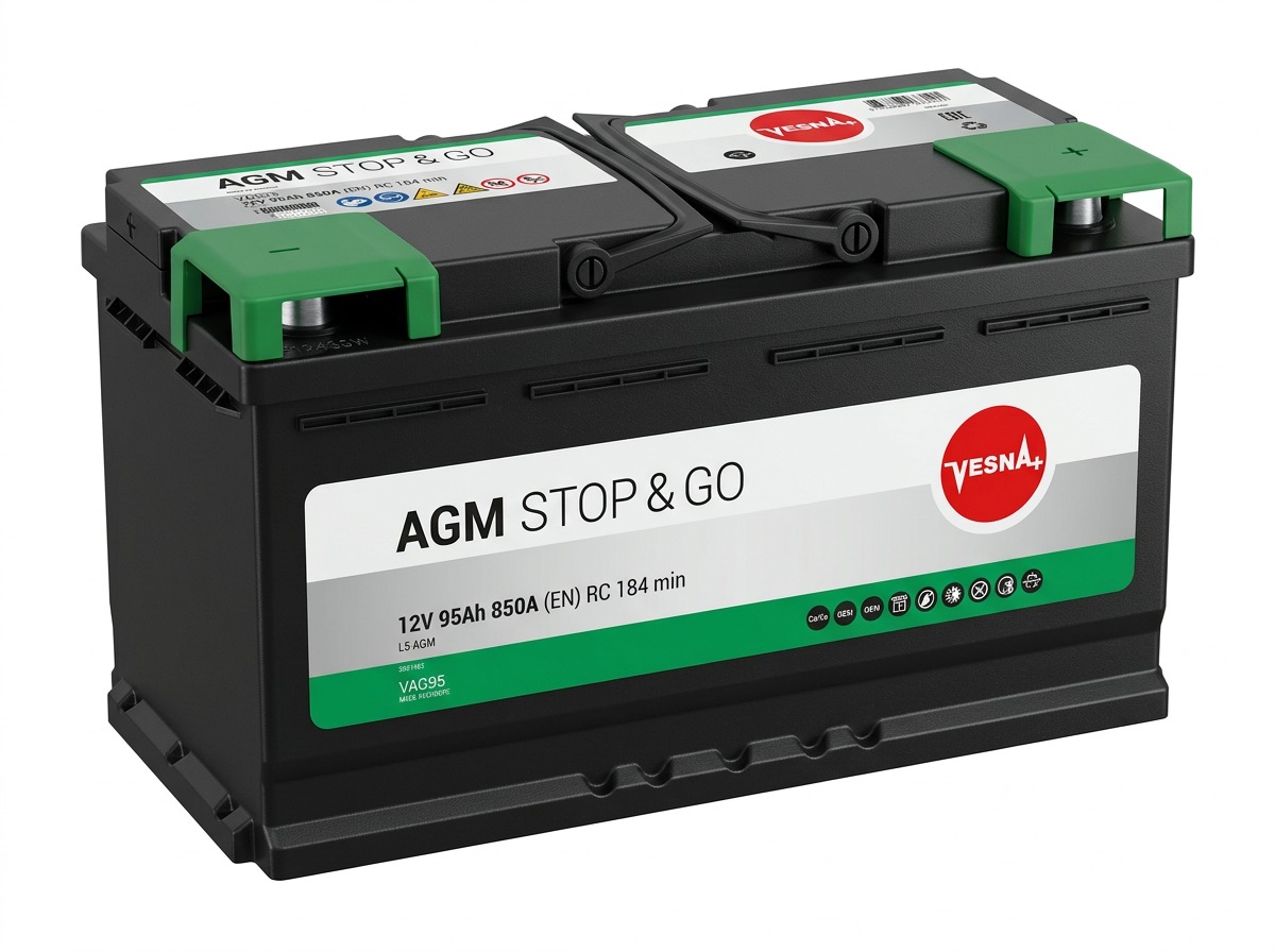 Akumulator VESNA AGM 12V 95Ah 850A Desni plus VAG95 VESNA AGM VAG95 12V 95Ah 850A D+ akumulator. VRLA tehnologija za luksuzna vozila, velike SUV modele i Start-Stop sisteme. Standardno L5 kućište (353mm).