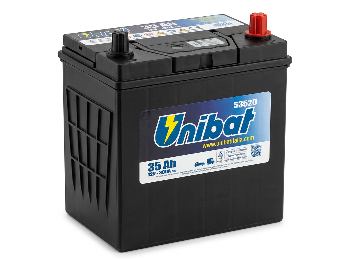 Akumulator Unibat Tradicional 12V 35Ah 300A Desni plus Tanki polovi 53520 sa indikatorom Unibat Tradicional 53520 12V 35Ah 300A D+ akumulator sa kontrolnim okom. Azijsko JIS kućište (197x129x225) sa tankim klemama i desnim plusom.