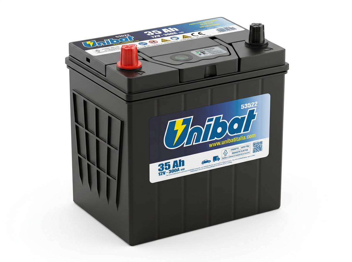 Akumulator Unibat Tradicional 12V 35Ah 300A Levi plus Tanki polovi 53522 sa indikatorom Unibat Tradicional 53522 12V 35Ah 300A L+ akumulator sa kontrolnim okom. Azijsko JIS kućište (197x129x225) sa tankim klemama i levim plusom.